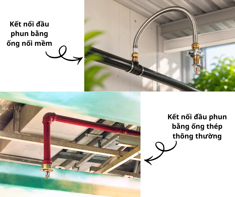 Đầu phun kết nối với ống thép và ống nối mềm